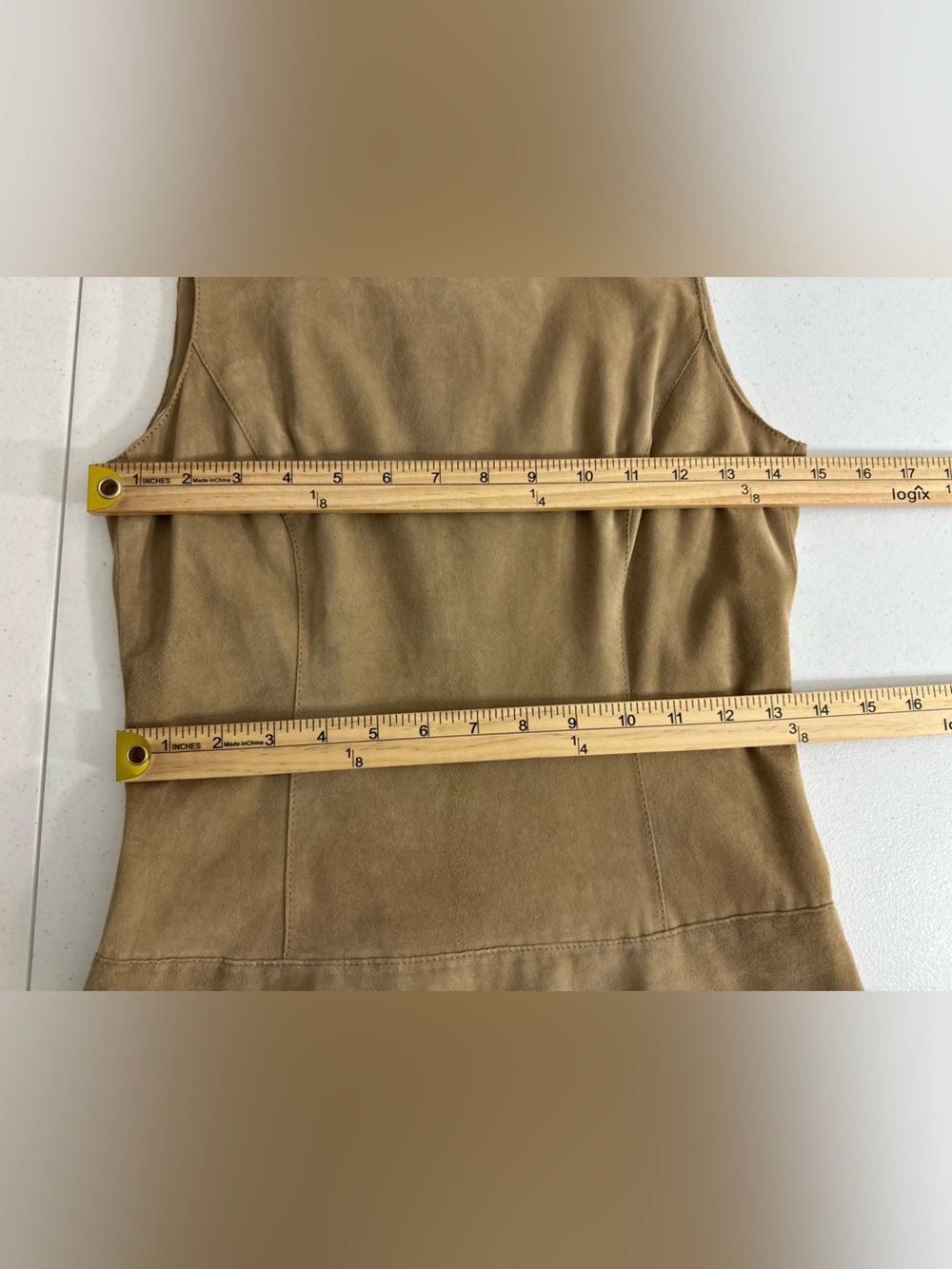 Etcetera Women’s Size 0 Tan Beige Layered Suede Mini Dress Sleeveless Back Zip - Picture 7 of 10